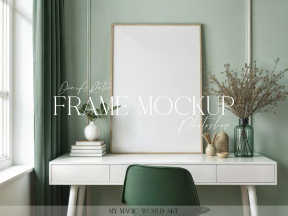 Download Mockup Frame on the Desk Green Interior - Interior Collection